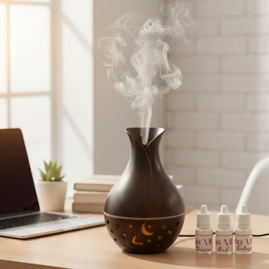 (3 Free Luxury Scents)Vase Shaped Starry Edition: Wood Grain Humidifier