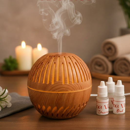 Fine Vibe™ Natural Wood Grain Sphere Aroma Humidifier | Ultrasonic & Ambient Light