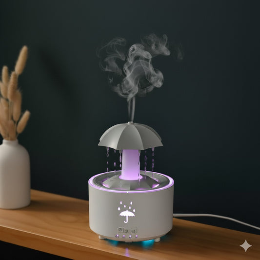(3 Free Luxury Scents) Rain Cloud Humidifier & Aroma Diffuser (Umbrella Design) | Raining Water Drip & Night Light